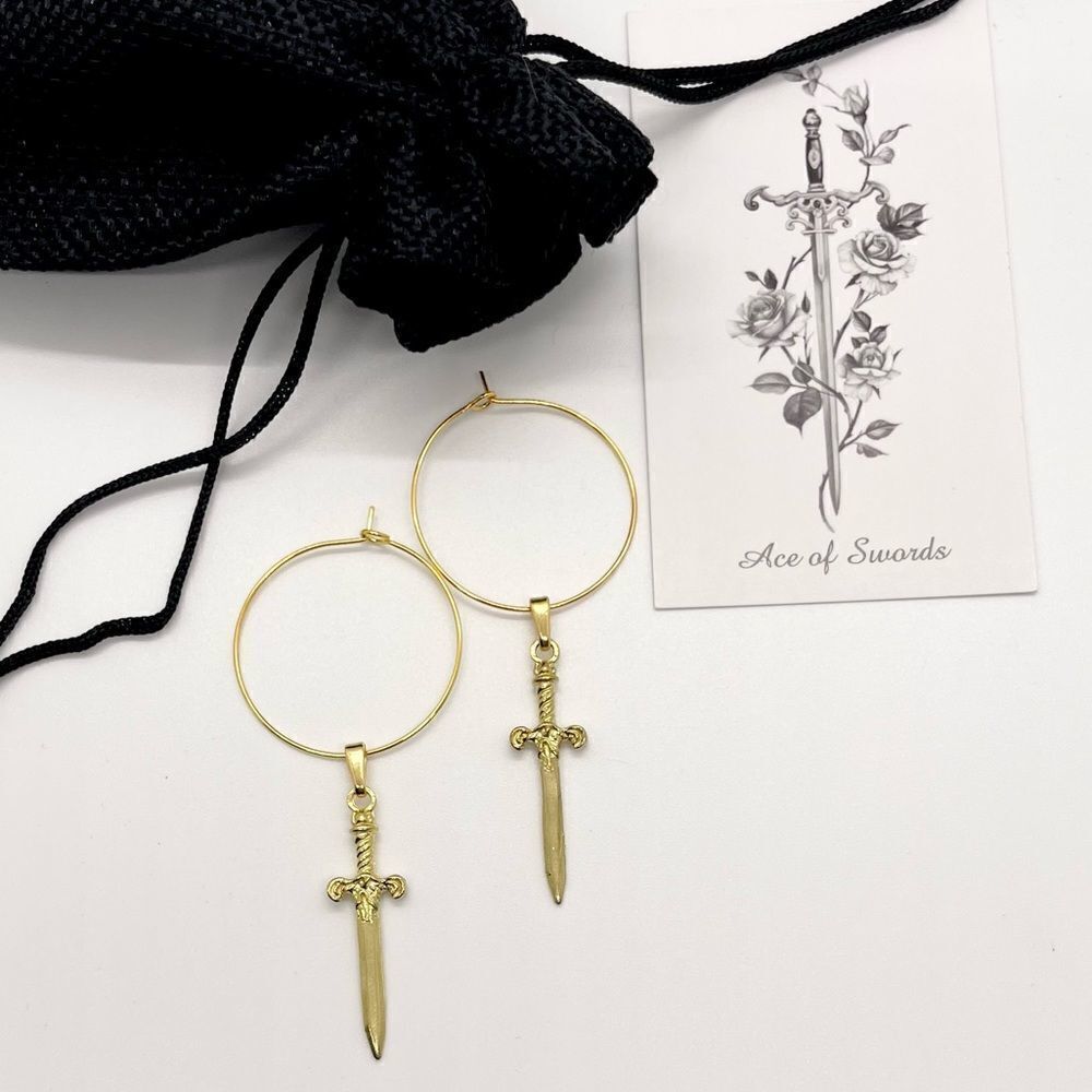 Large (30mm) Gold Drop Hoop Earrings with Excalibur Sword Pendants